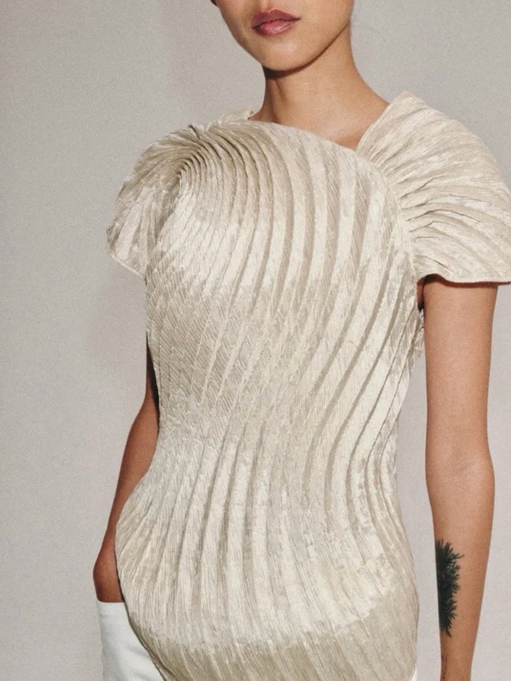 Zara NWT ZW COLLECTION luxurious Pleated Short Sleeve champagne cream formal Top - Picture 11 of 13